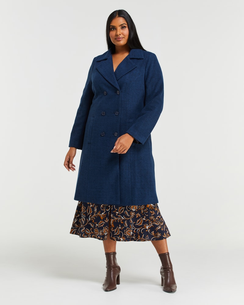 Front of a model wearing a size 1X Fleet Coat in Navy by Estelle. | dia_product_style_image_id:234993